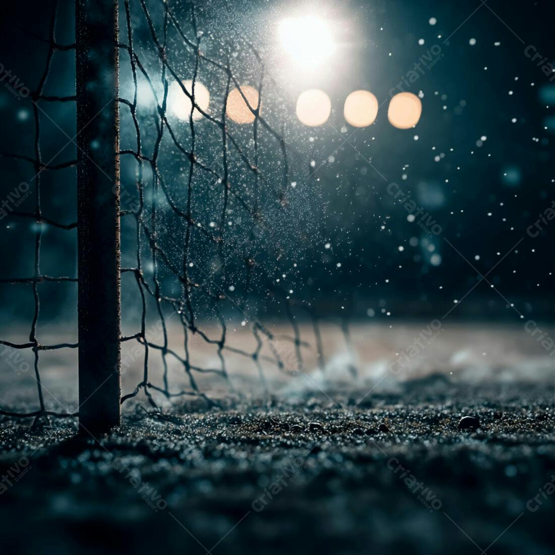 Gol de futebol noturno com partículas em suspensão