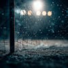 Close up of a soccer goal post at night