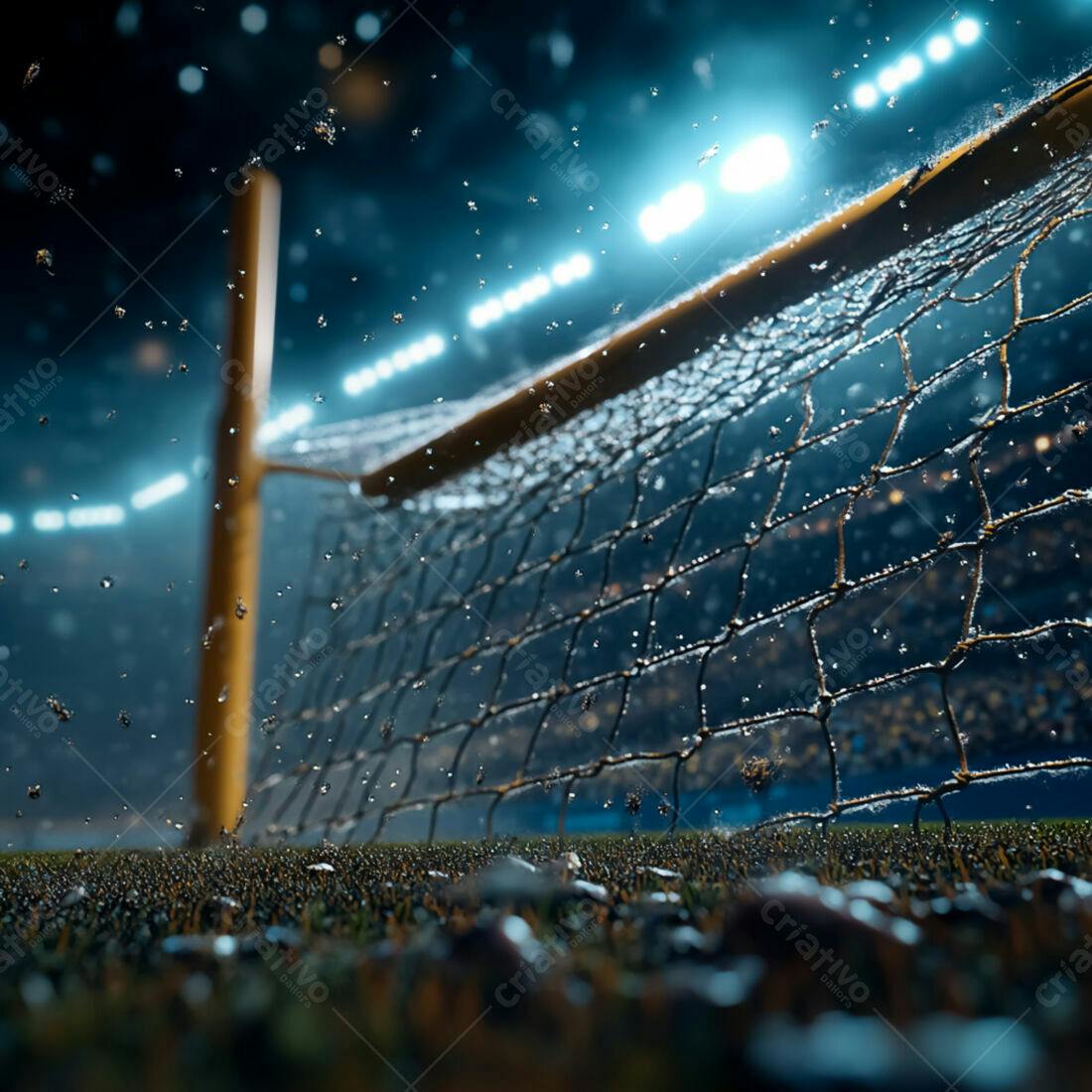 Gol de futebol molhado sob luzes de estádio