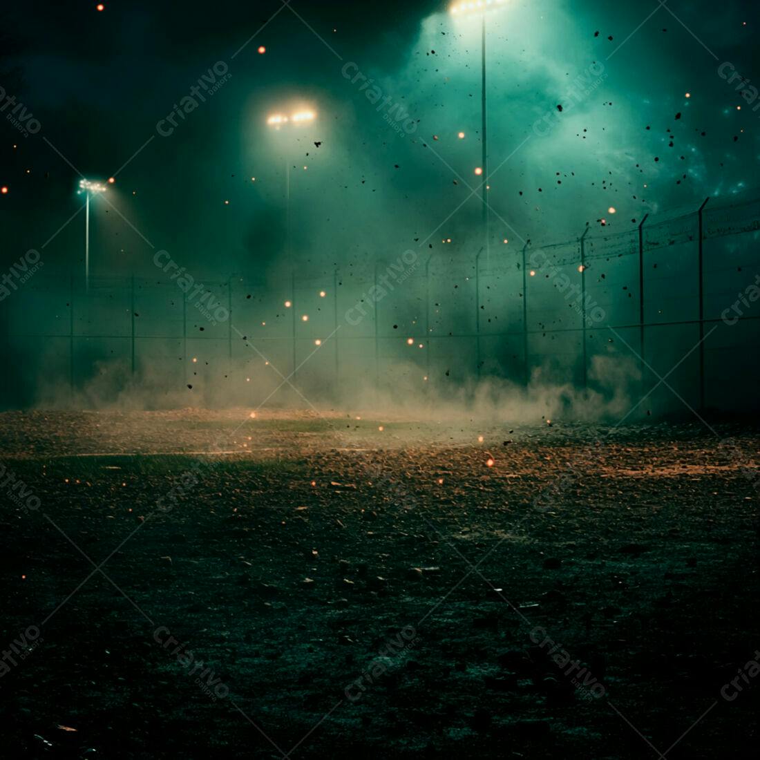 Campo de futebol noturno com fumaça e faíscas