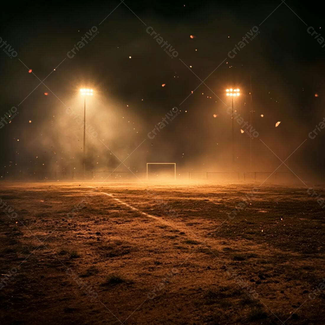 Campo de futebol noturno com névoa e poeira