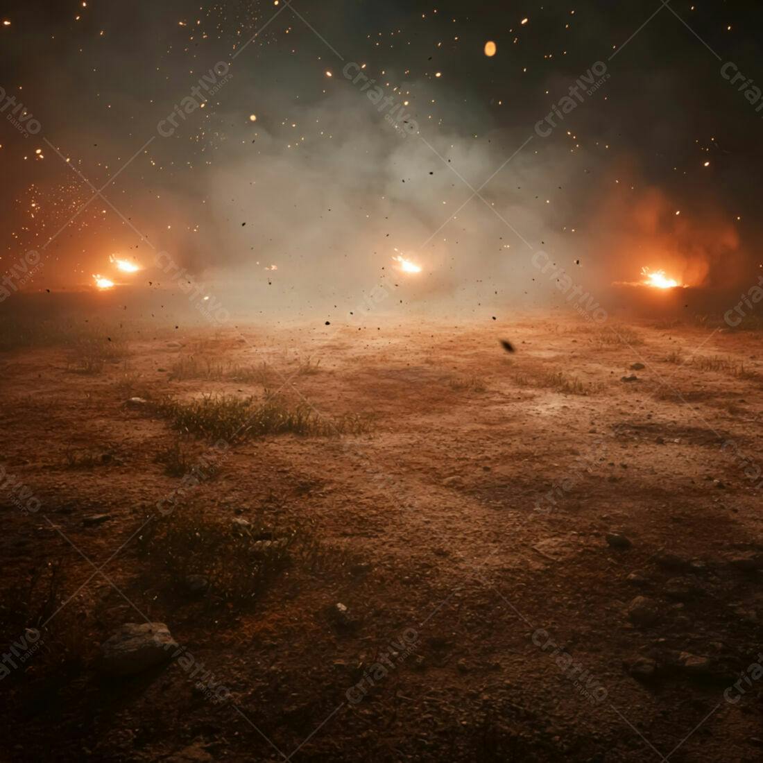 Fogo e explosões noturnas em terreno árido