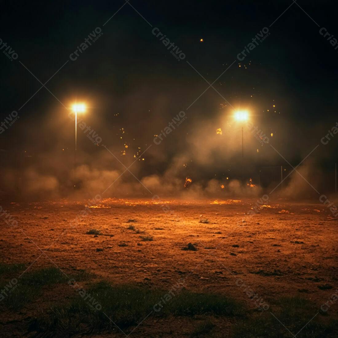 Campo iluminado com fogo noturno
