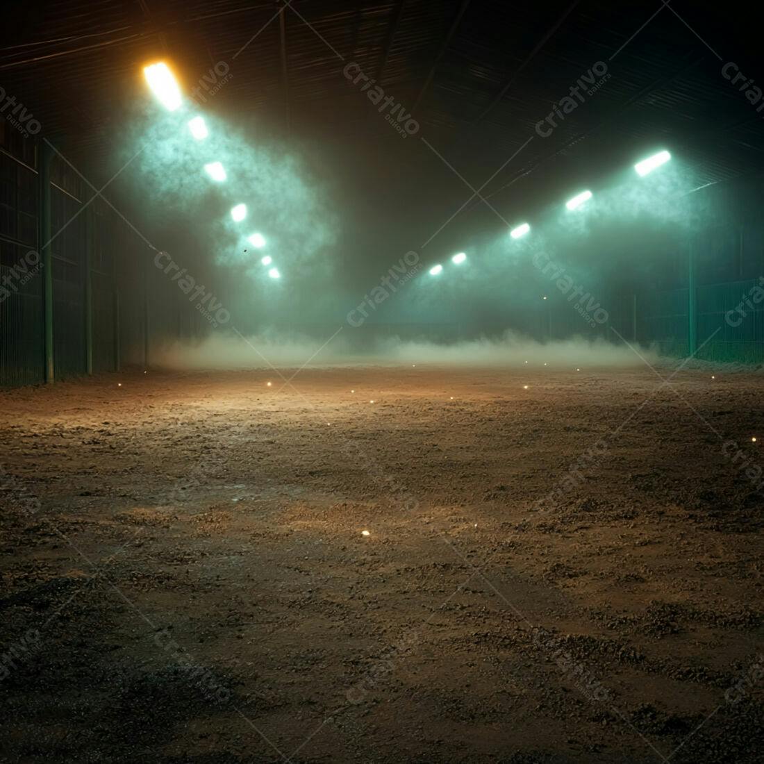 Campo de terra iluminado à noite