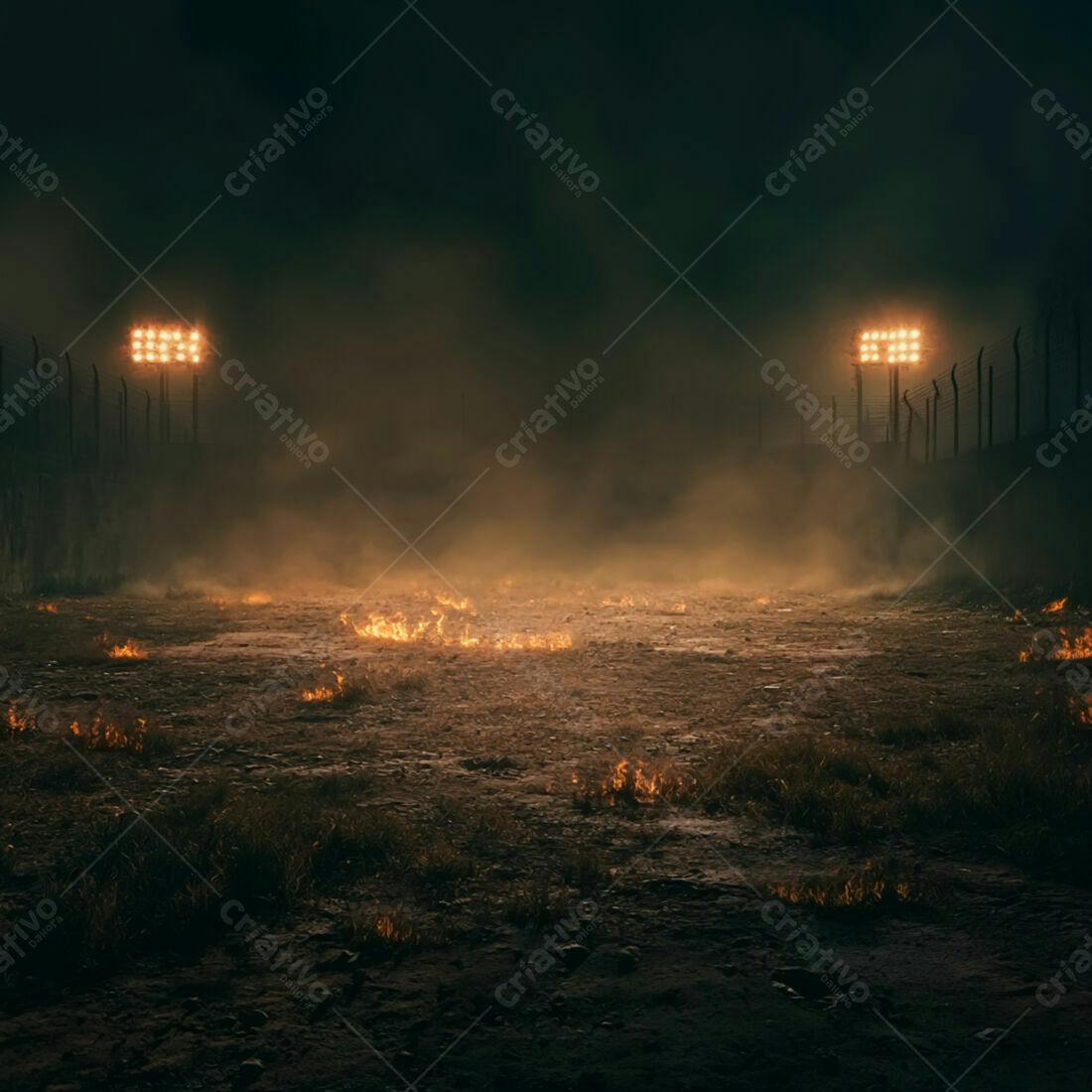 Campo em chamas à noite com iluminação de estádio