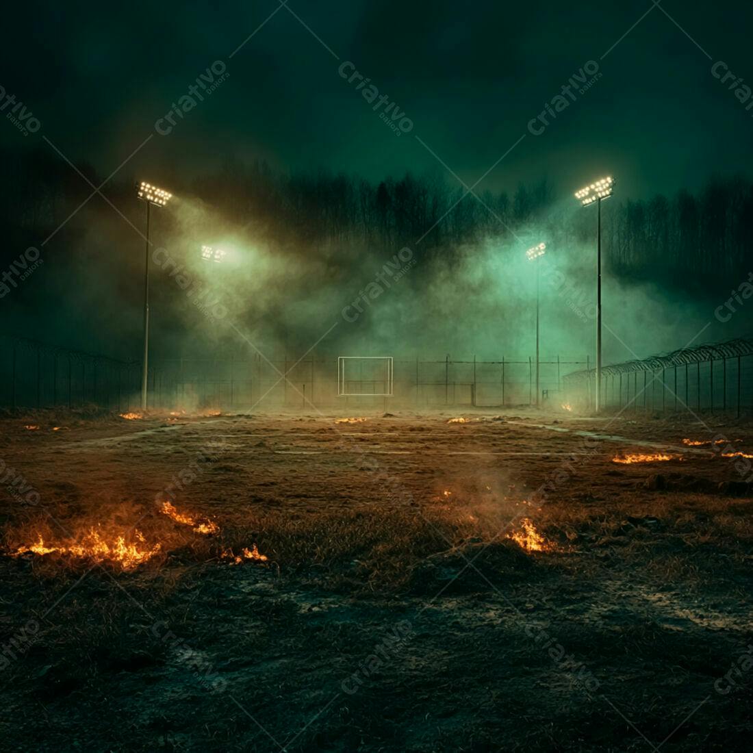 Campo de futebol em chamas noite escura
