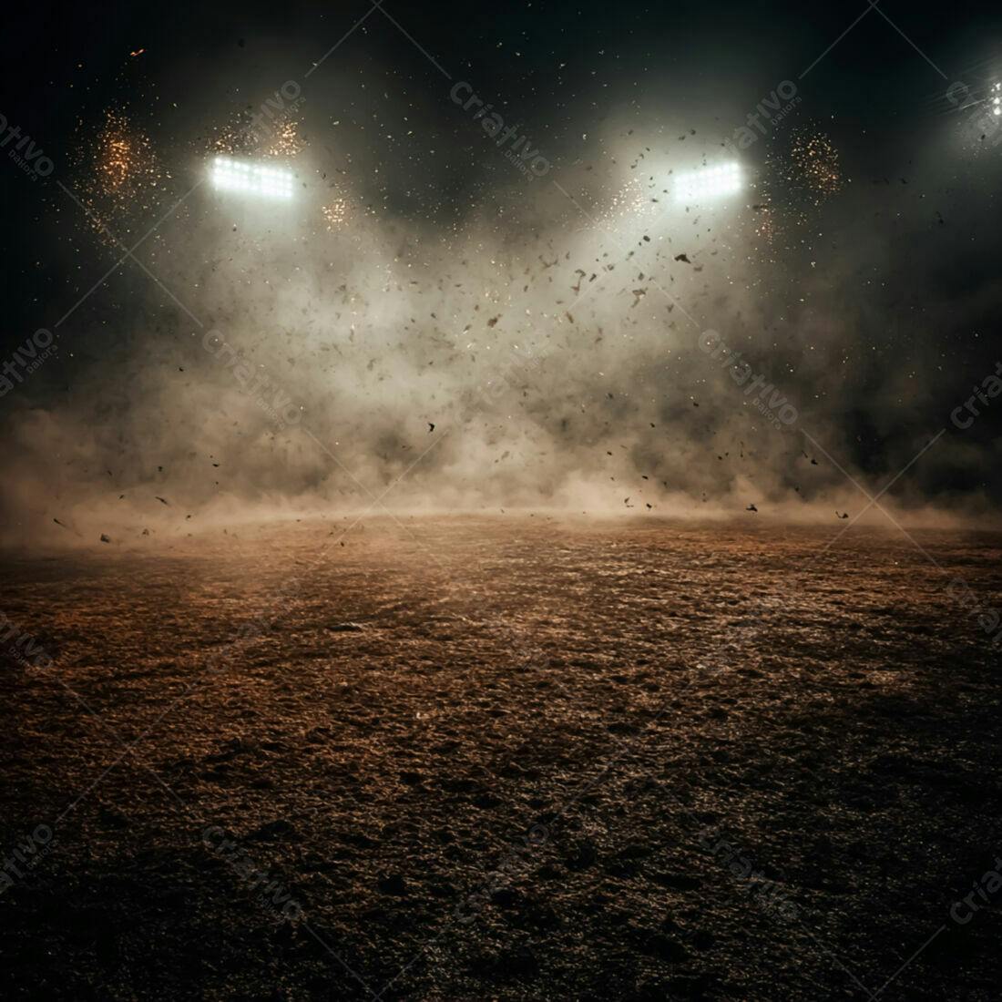Campo de futebol noturno com fumaça e confetes