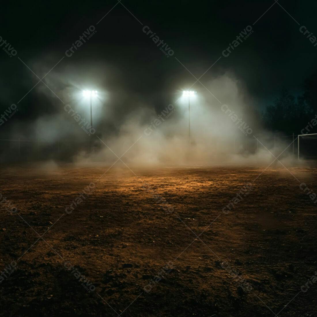 Campo de terra noturno com neblina