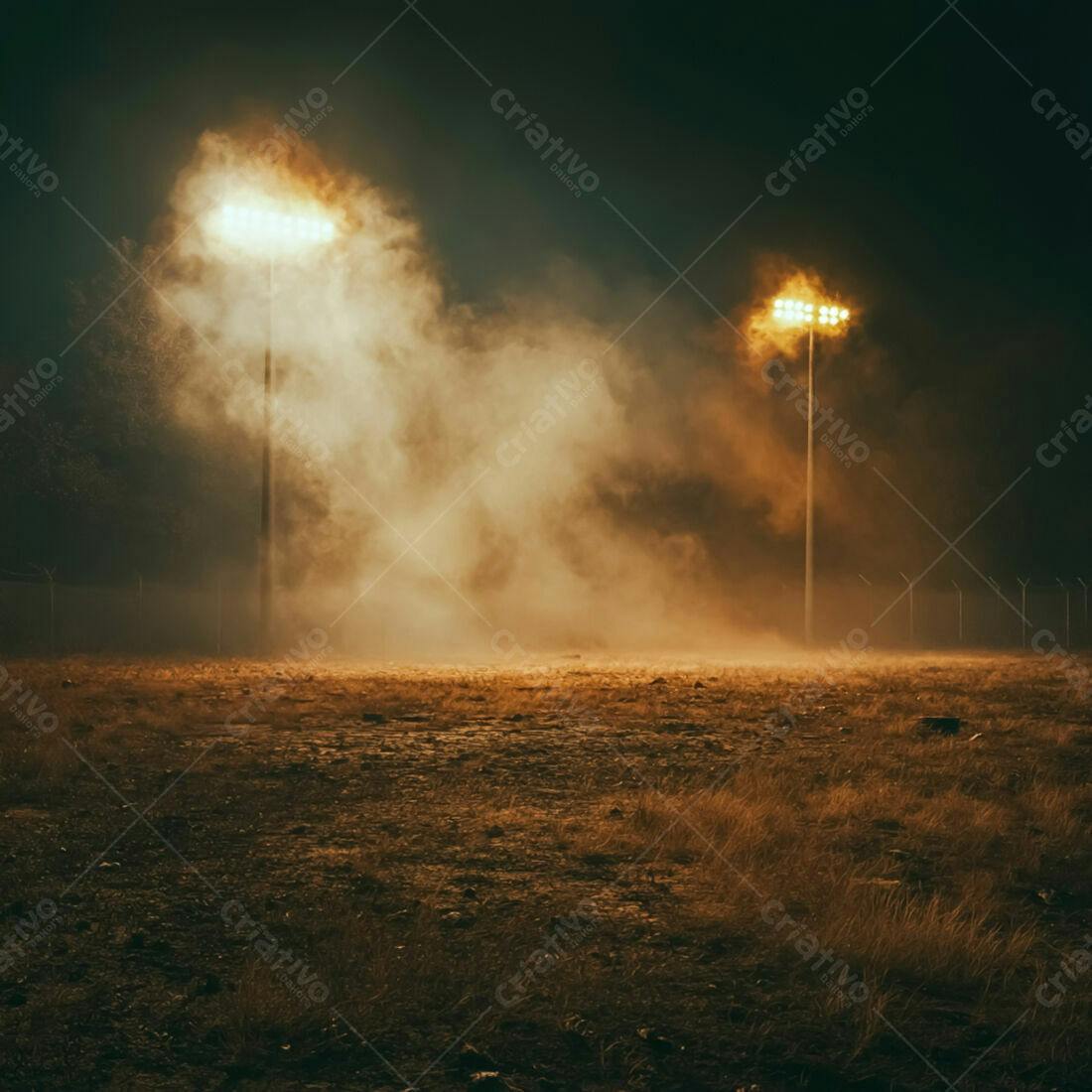 Campo de futebol noturno com névoa