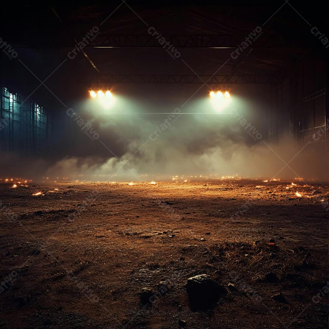 Galpão industrial noturno com fogo e fumaça