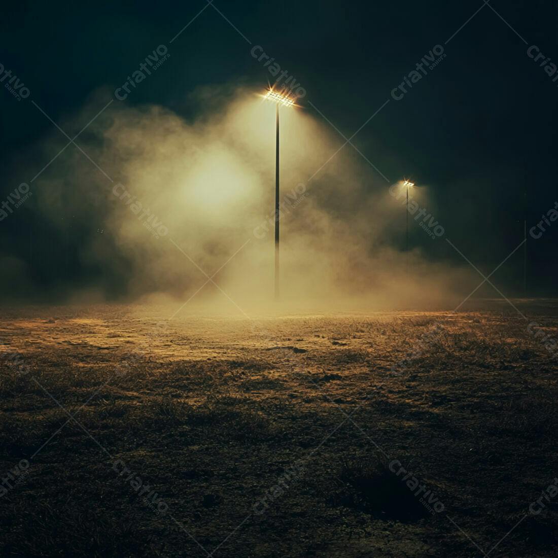 Campo de futebol noturno com névoa