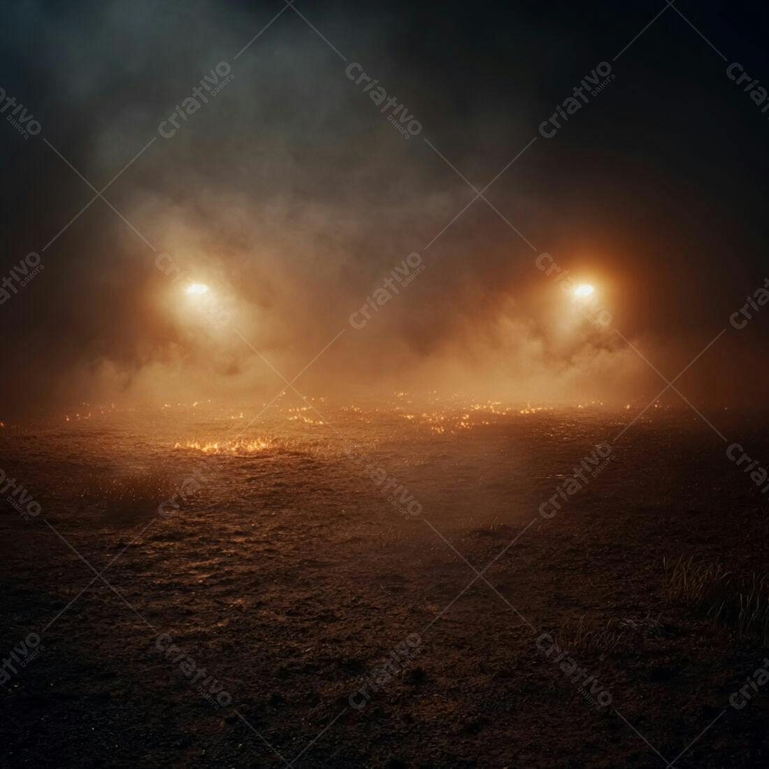 Incêndio noturno em campo com faróis