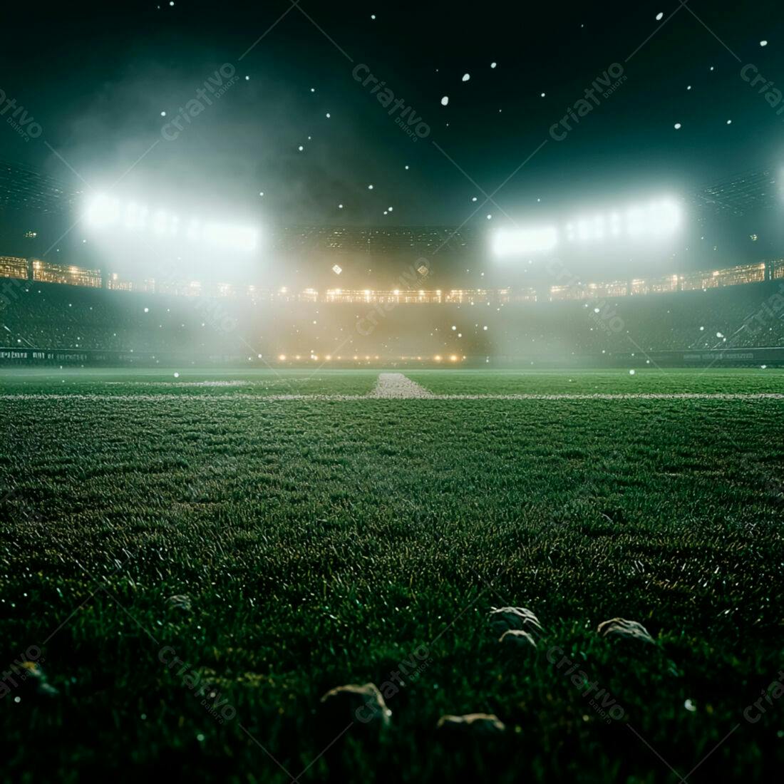 Campo de futebol sob neve noturna