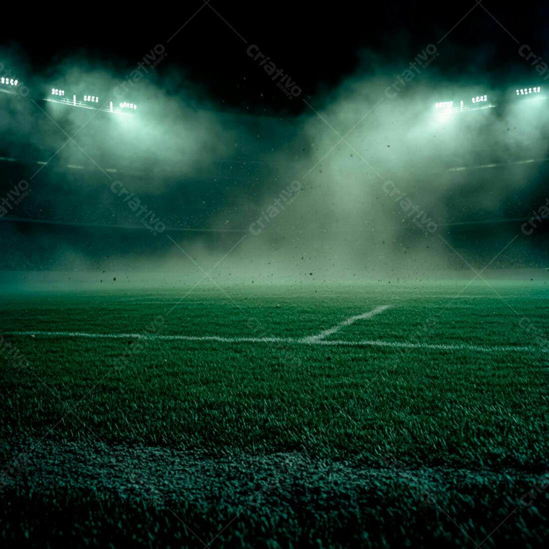 Campo de futebol noturno com névoa