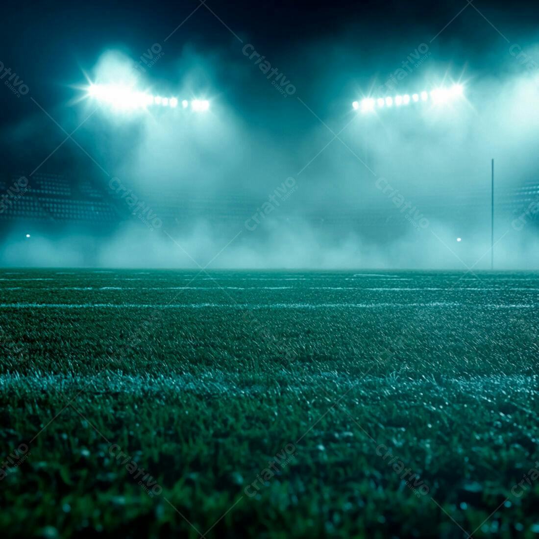 Campo de futebol noturno com neblina
