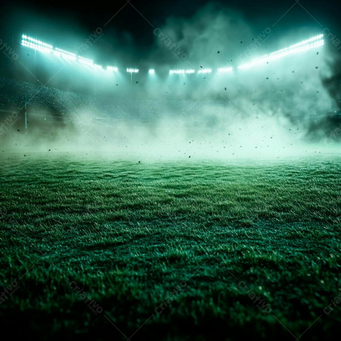 Campo de futebol noturno com névoa