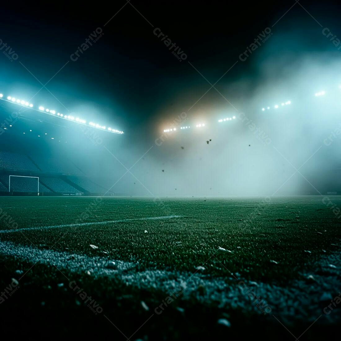 Campo de futebol noturno com neblina