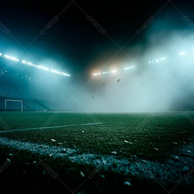 Campo de futebol cheio de neblina e partículas de poeira