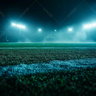 Campo de futebol cheio de neblina e partículas de poeira