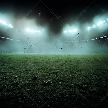 Campo de futebol cheio de neblina e partículas de poeira