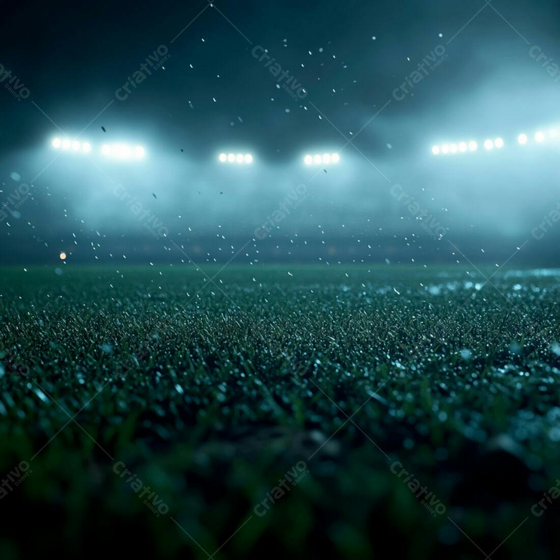 Campo de futebol noturno sob chuva