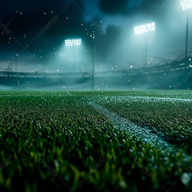 Campo de futebol cheio de neblina e partículas de poeira