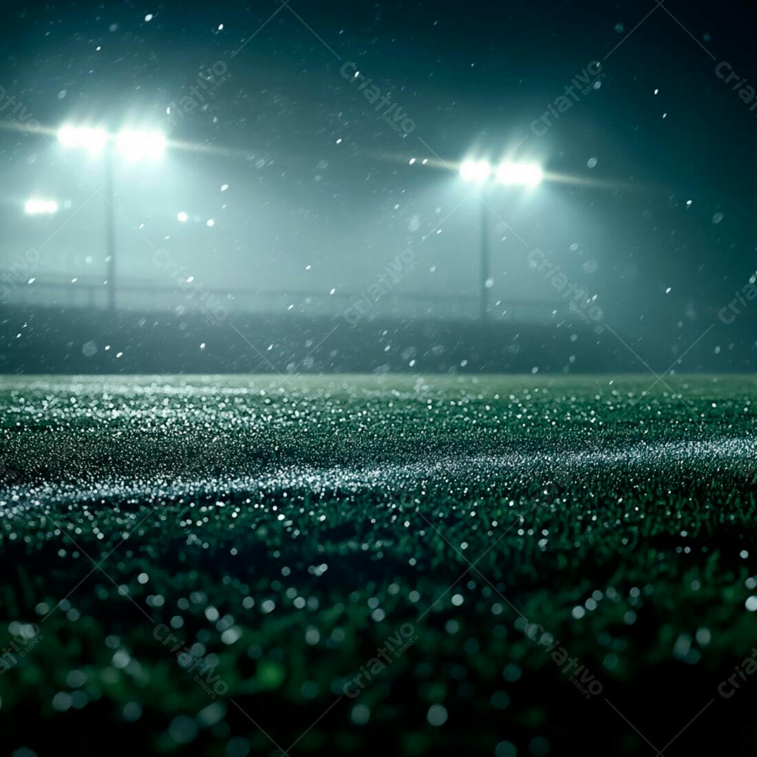 Campo de futebol sob chuva noturna