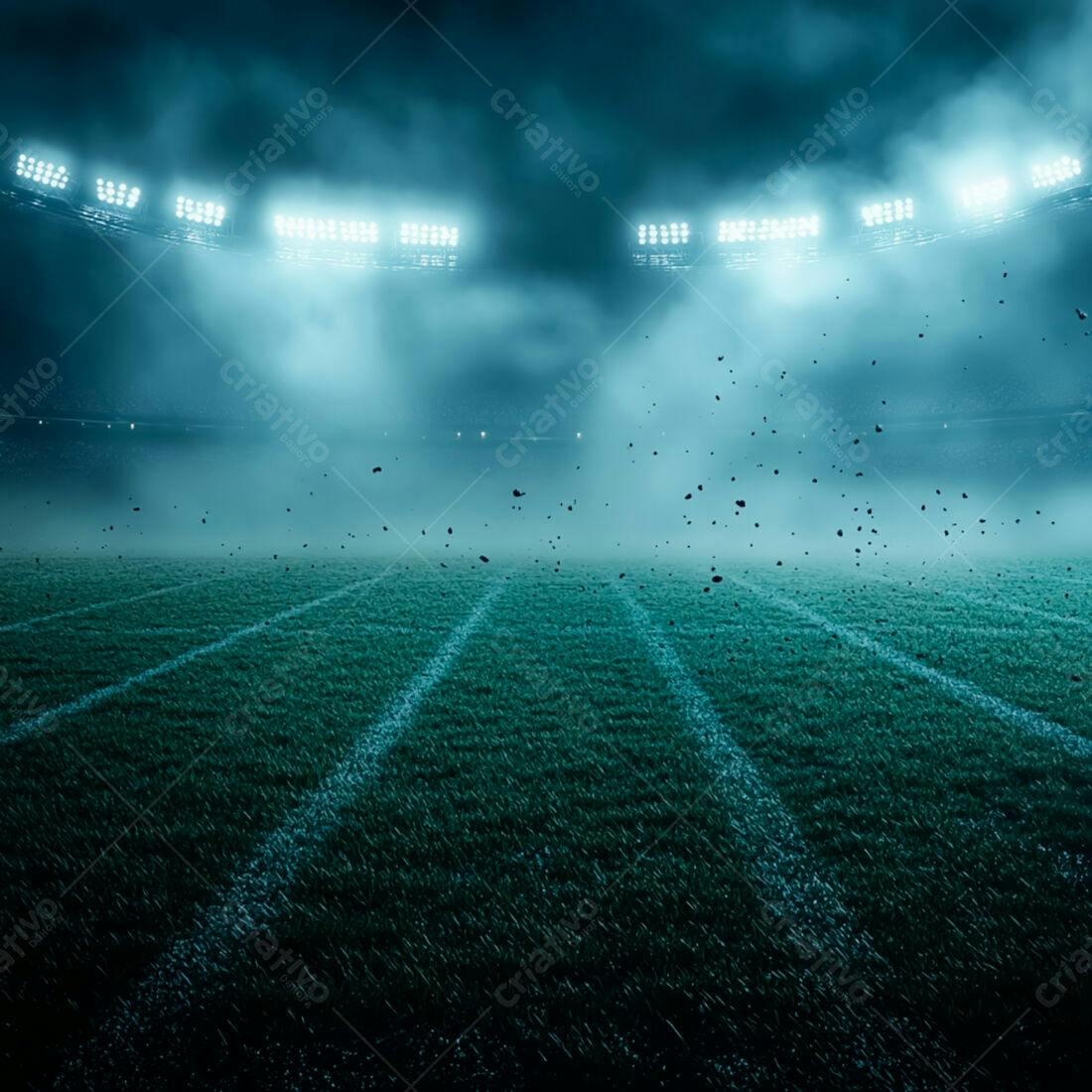 Campo de futebol noturno chuvoso