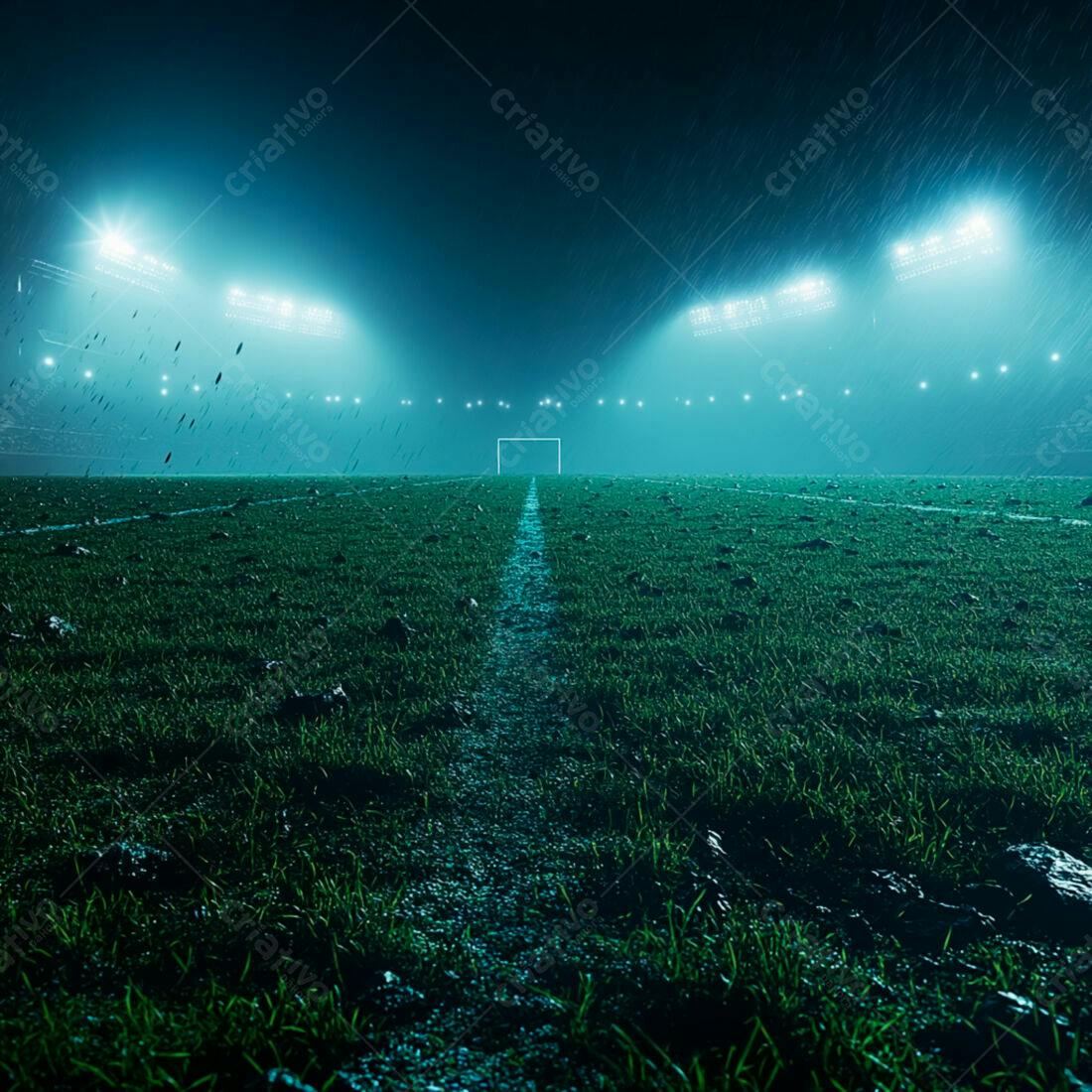 Campo de futebol sob chuva noturna