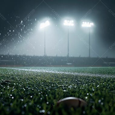 Campo de futebol cheio de neblina e partículas de poeira