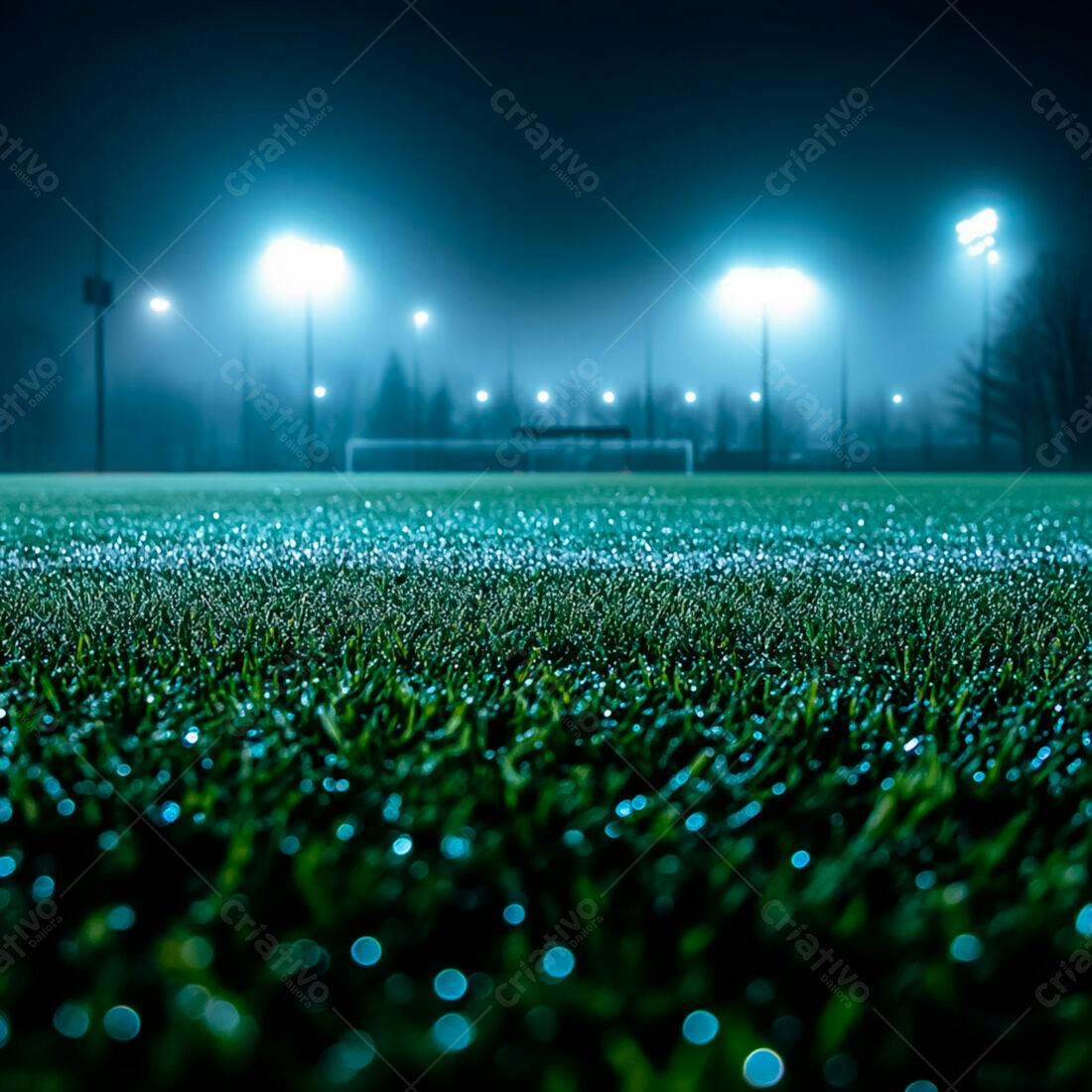 Campo de futebol noturno sob chuva