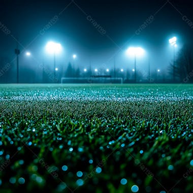 Campo de futebol cheio de neblina e partículas de poeira