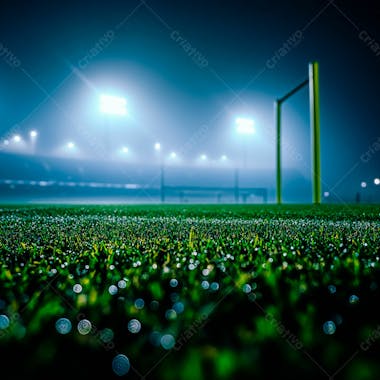 Campo de futebol cheio de neblina e partículas de poeira