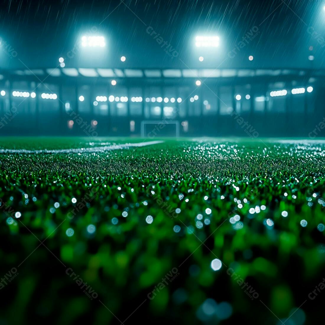 Campo de futebol sob chuva noturna