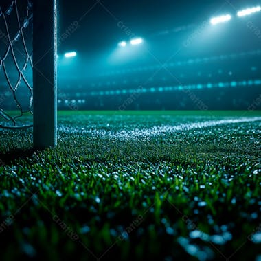 Campo de futebol cheio de neblina e partículas de poeira