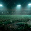 Soccer field with foggy and dusty particles.