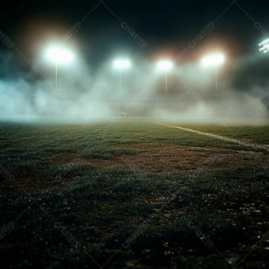 Campo de futebol cheio de neblina e partículas de poeira