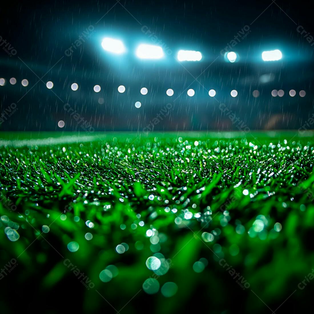 Campo de futebol sob chuva noturna