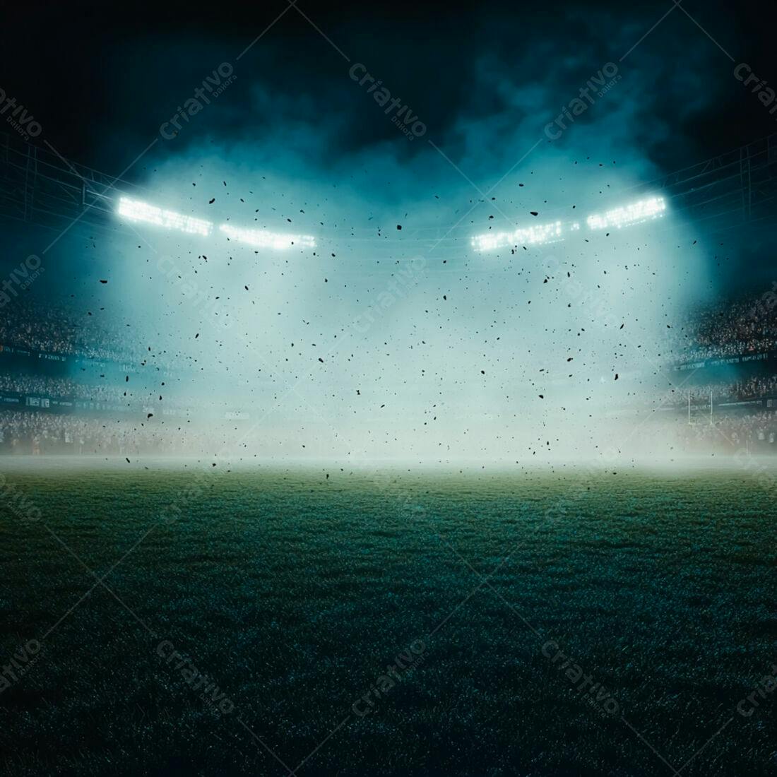 Estádio noturno com campo gramado e fumaça
