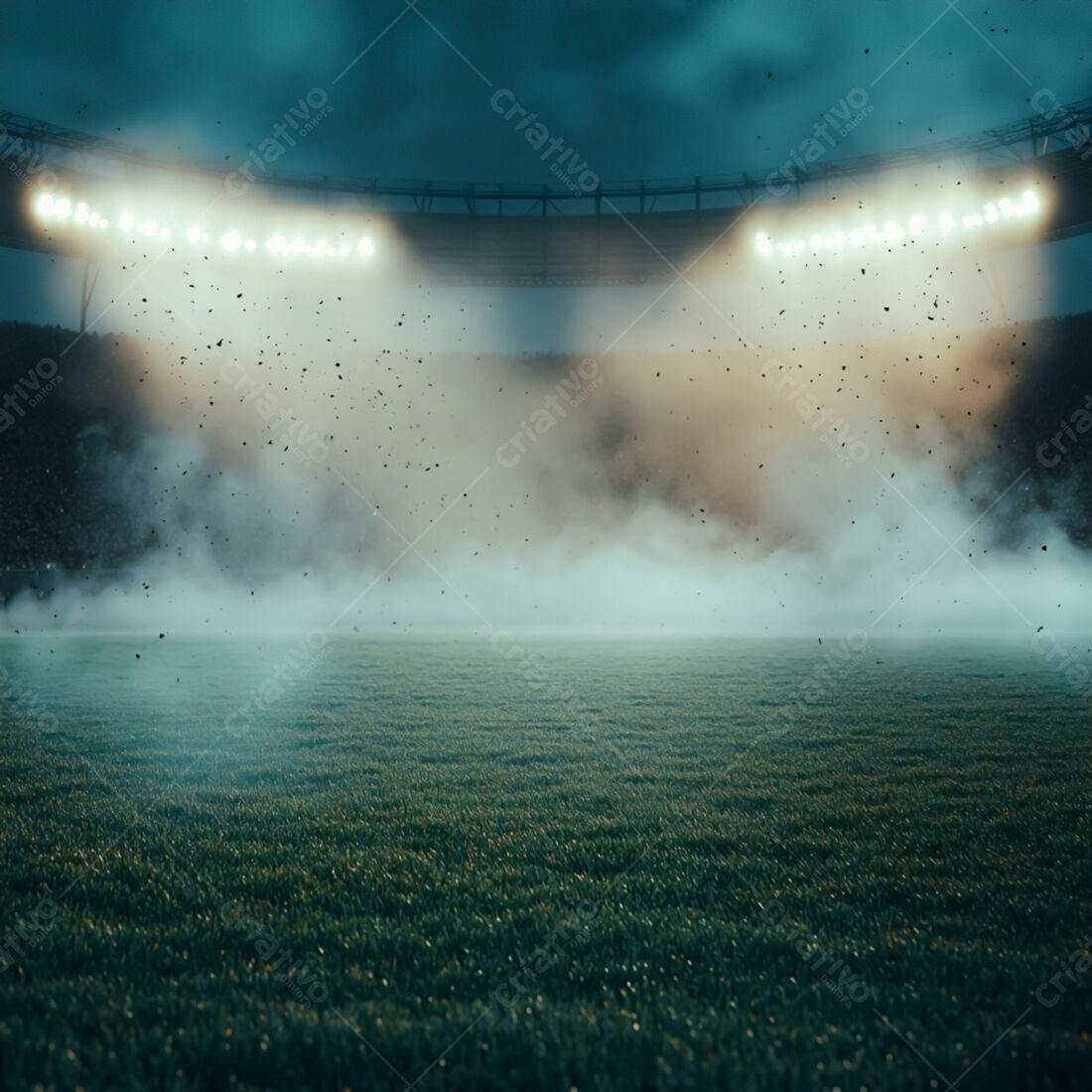 Campo de futebol noturno com fumaça e luzes