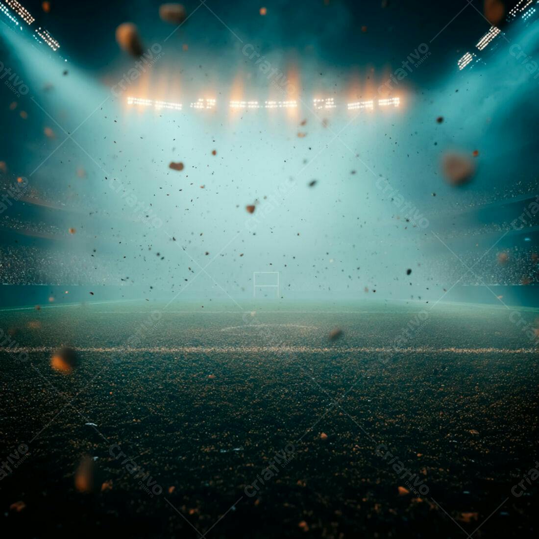 Campo de futebol noturno com confetes