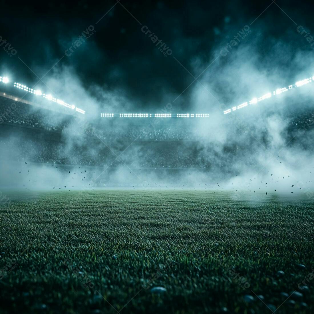 Campo de futebol noturno com névoa