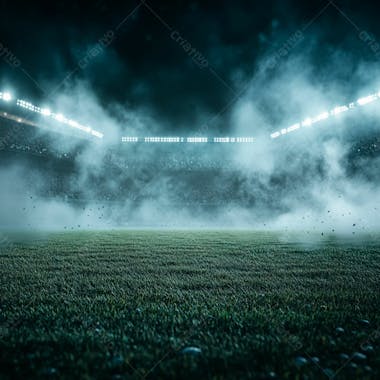 Campo de futebol cheio de neblina e partículas de poeira