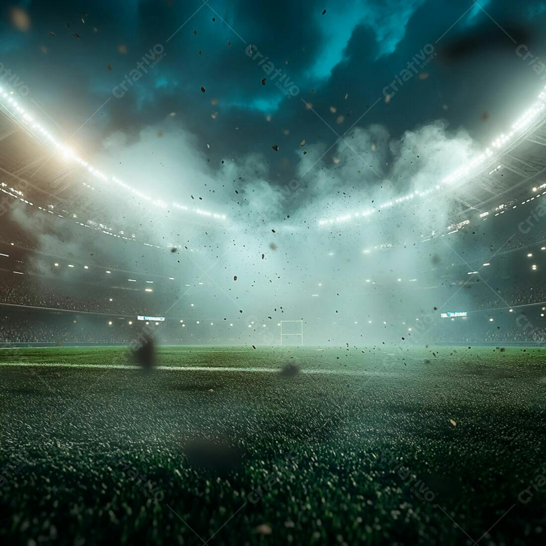 Estádio de futebol noturno com fumaça