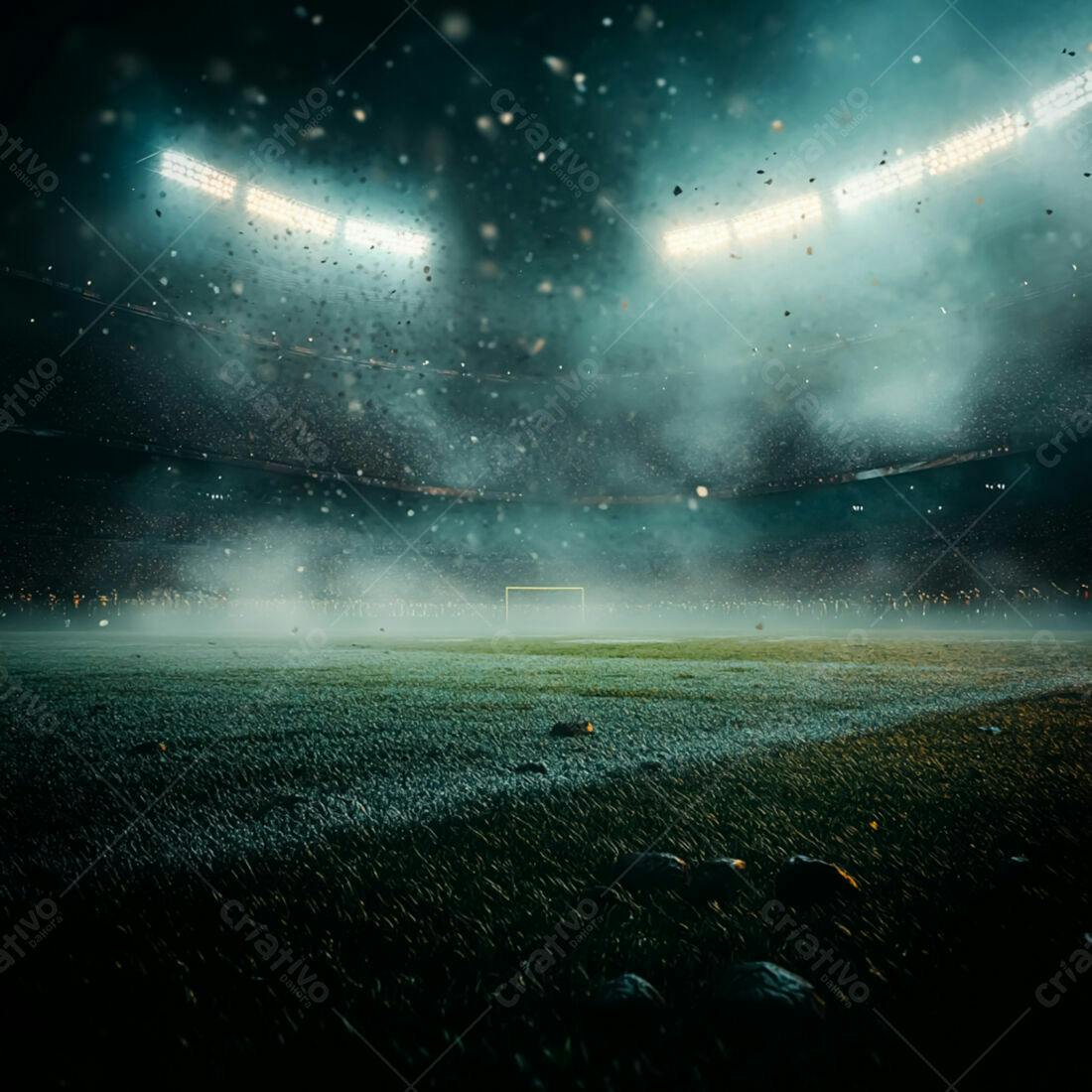 Campo de futebol noturno com névoa