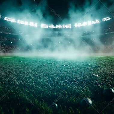 Campo de futebol cheio de neblina e partículas de poeira