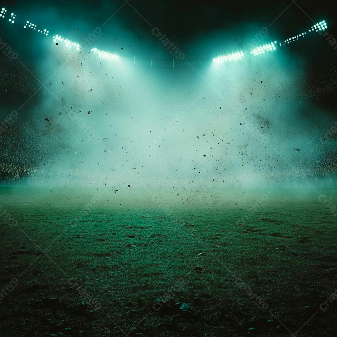 Campo de futebol noturno com poeira suspensa
