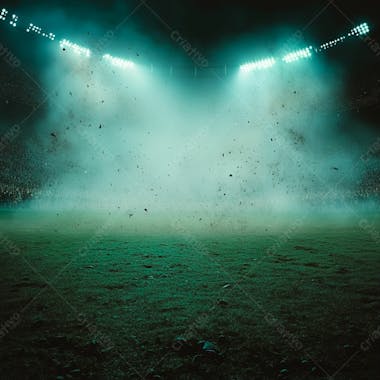 Campo de futebol cheio de neblina e partículas de poeira