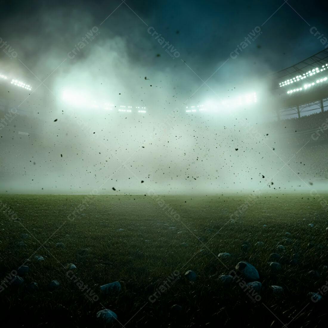 Campo de futebol noturno com poeira suspensa