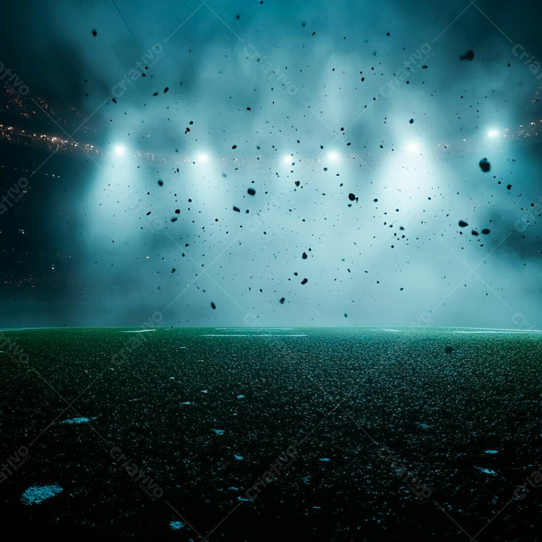 Campo de futebol noturno com partículas em suspensão